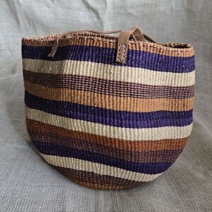 Vintage Large Sisal Market Bucket Tote Bag Woven Jute w/ Long Leather Straps